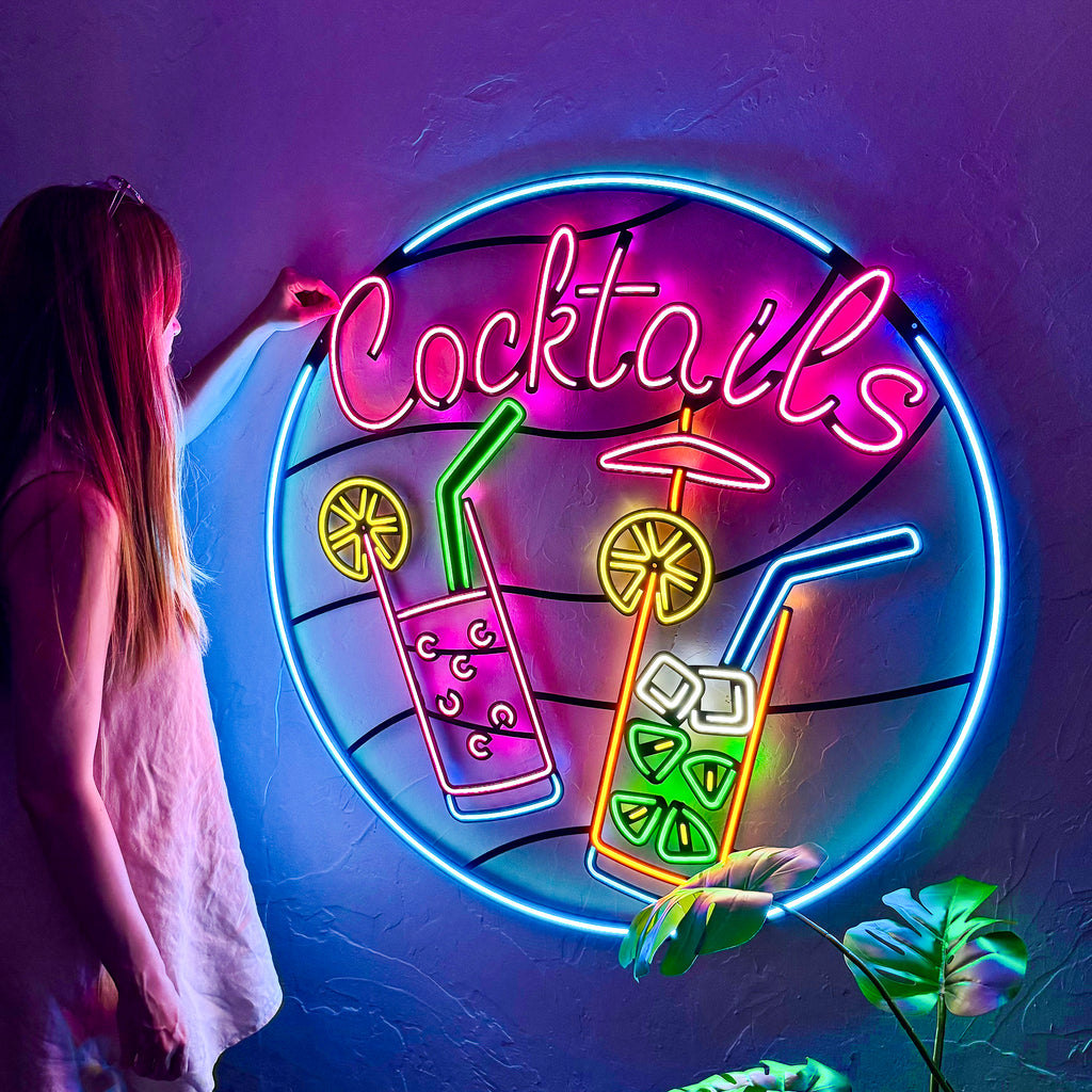 Add some excitement to your space with our Cocktails neon sign! Perfect for bars, restaurants, or home bars. Vibrant colors and a unique design will draw attention and enhance your ambiance. Let the sign ignite the party and elevate your cocktails to the next level!